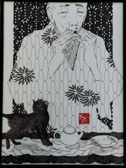 Картина «Первый утренний чай», тушь, бумага Н. Леушин