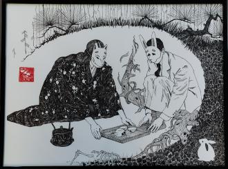 Картина «Чайная чёрной лисицы», тушь, бумага Н. Леушин